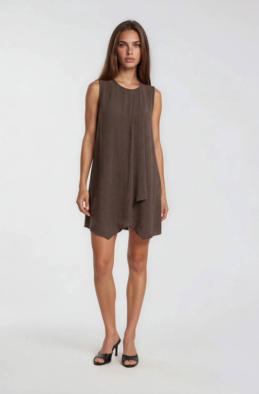 Womens Round Neck Sleeveless Pleat Detail Shift Mini Dress Chocolate