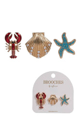 - Lobster Seashell Starfish Brooch Pin Set of 3