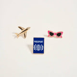Airplane Passport Book Sunglass Brooch Pin Set of 3