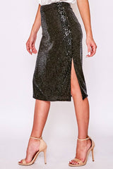 Women's High-Waist Sequin Midi Skirt With Side Slit Vine & Love