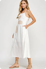 Womens Sleeveless Side Cut-Out Flower Detail Midi Dress