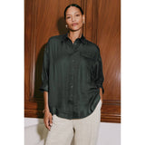 Womens Oversized 3/4 Sleeve Button-Up Blouse in Forest Green
