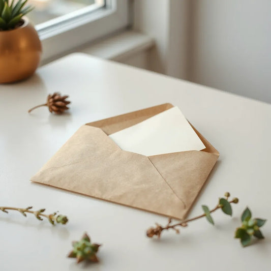 Kraft brown envelope with a cream cardstock letter peeking out on a clean tabletop