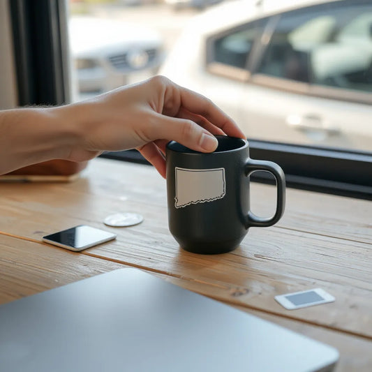 Hand applying a Connecticut-shaped sticker to a travel mug beside other state stickers