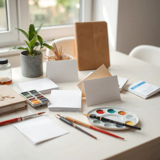 Blank paintable notecards on a table with watercolor paints, brushes, and envelopes