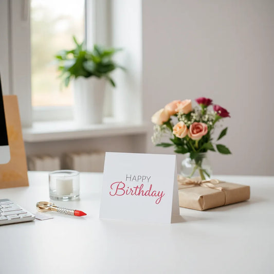 Neatly placed birthday card with gift and small bouquet on a bright desk