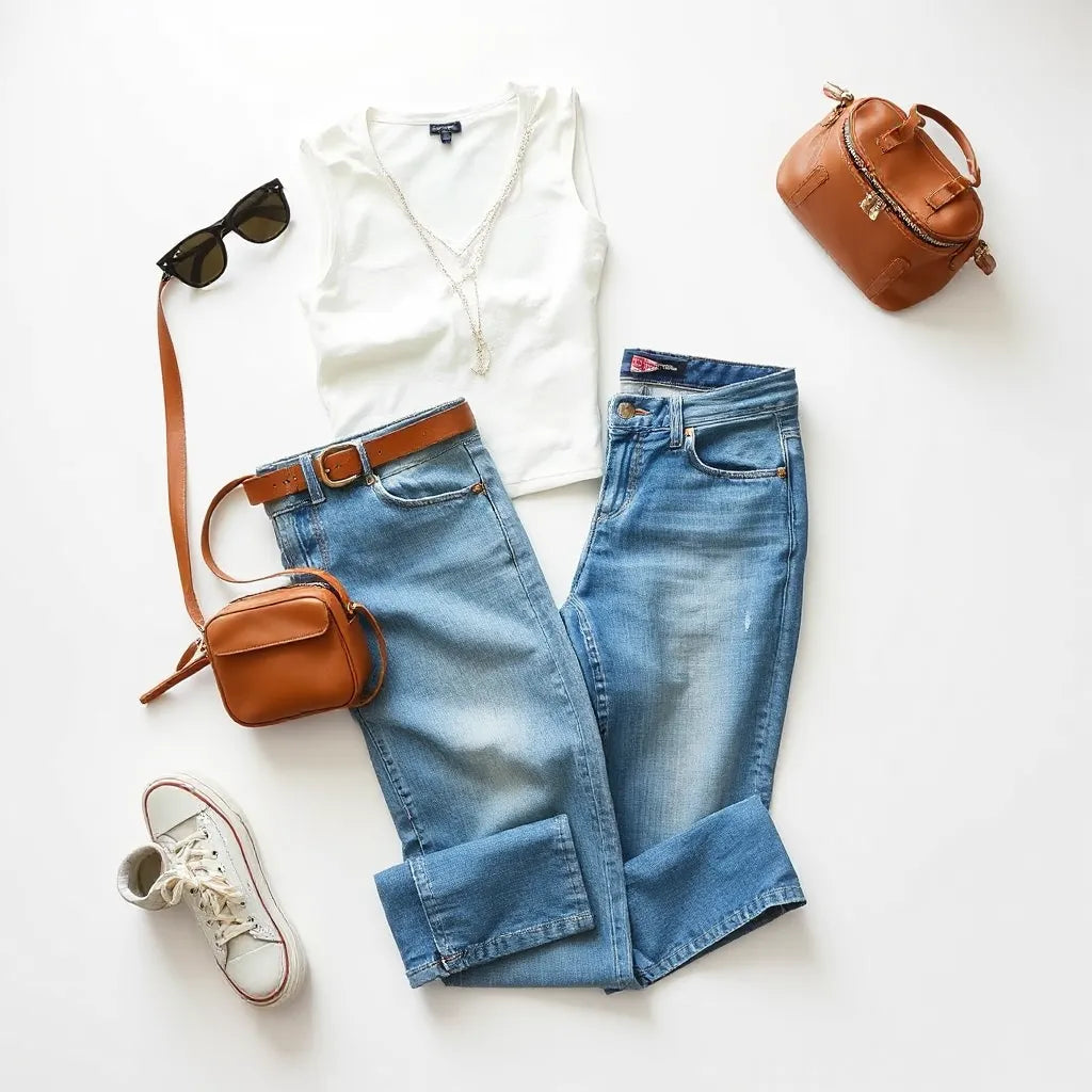 Folded medium-wash jeans styled with a white top and minimal accessories on a clean neutral background