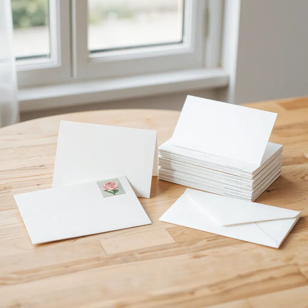 Assorted fine art print notecards with envelopes arranged on a clean tabletop under soft natural light