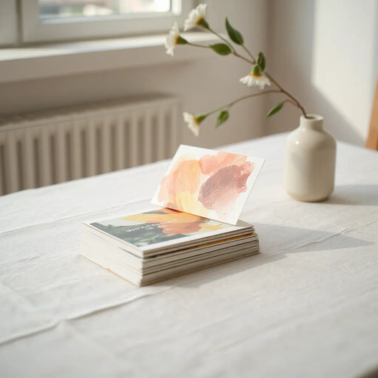 Stack of inspirational art cards on a light linen surface with soft natural window light