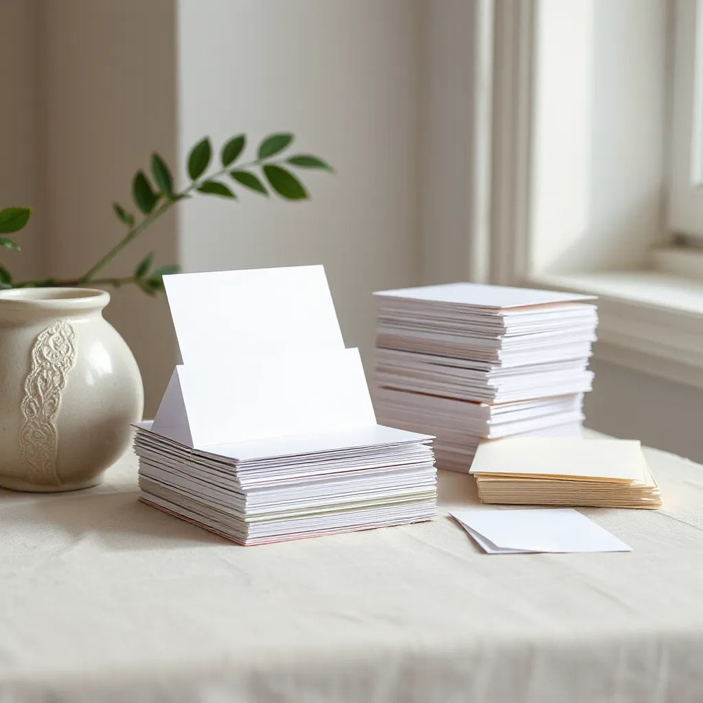 Neatly stacked note card sets with matching envelopes on a minimal tabletop
