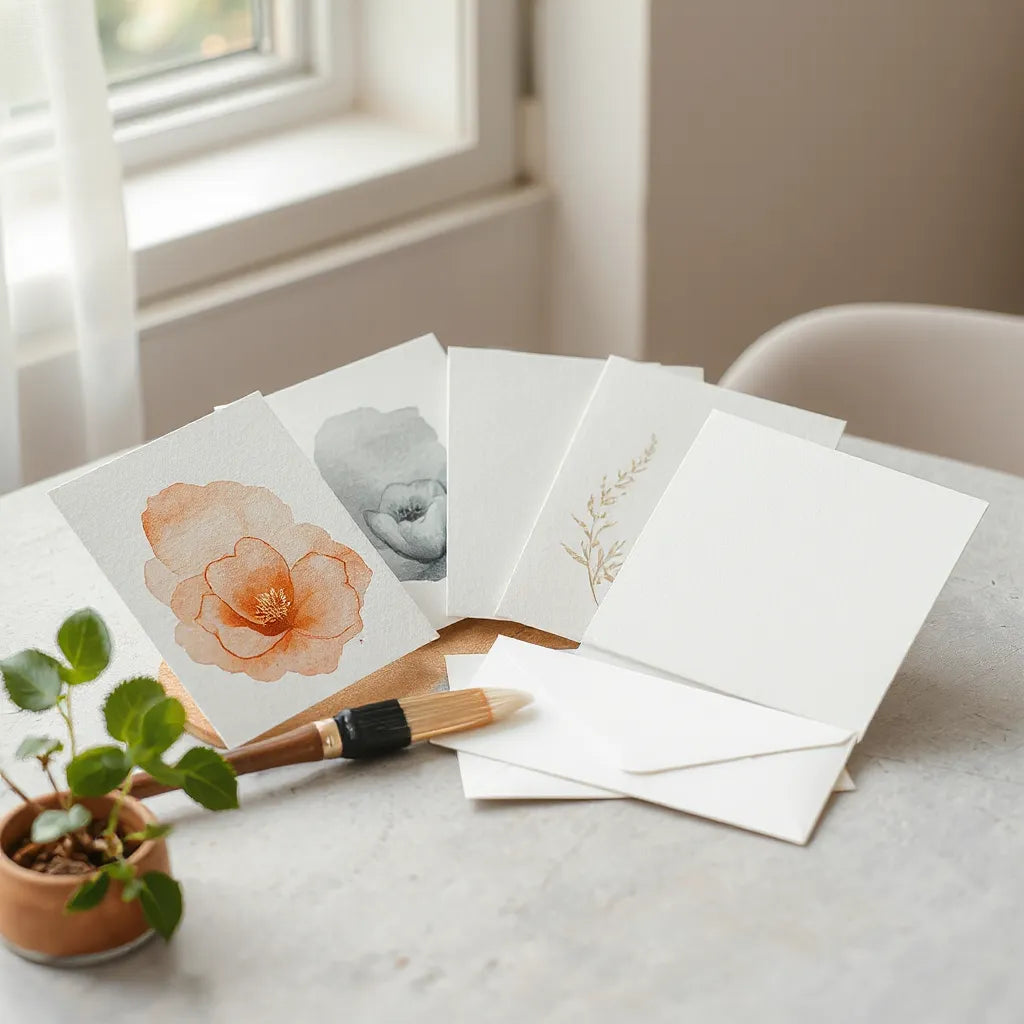 Artistic handmade greeting cards with watercolor and illustration accents on a bright tabletop