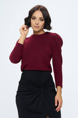 Renee C. - Made in USA Burgundy Brushed Knit Top with Puff Sleeve Renee C.