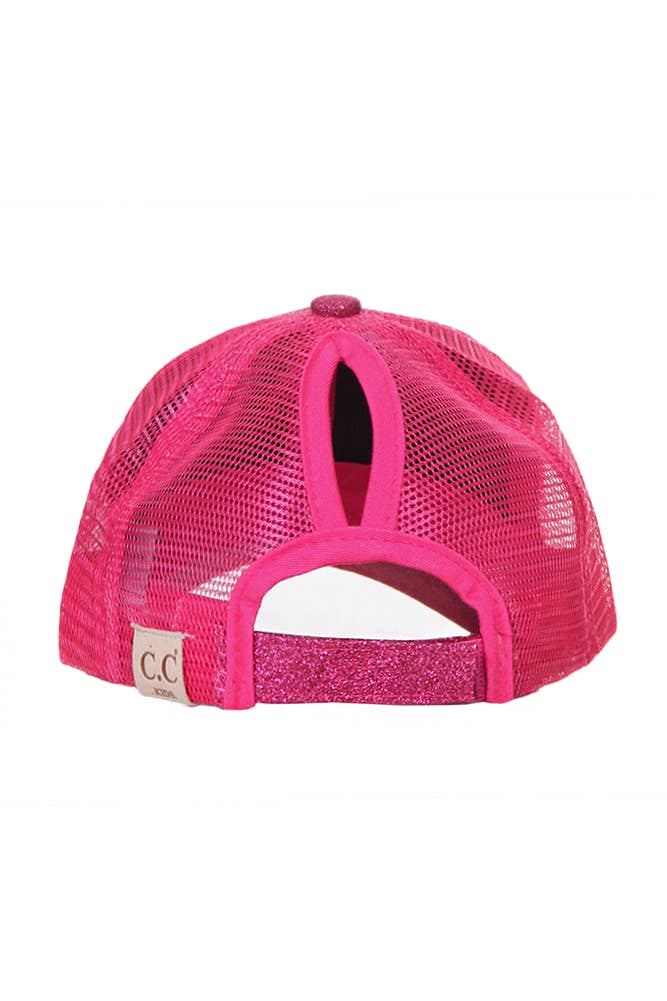 Kids Glitter Fabric With Mesh Pony Cap: Pink