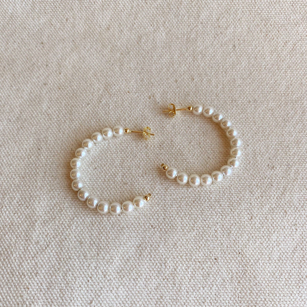 GoldFi - 18k Gold Filled 35 mm Simulated Beaded Pearl C-Hoop GoldFi