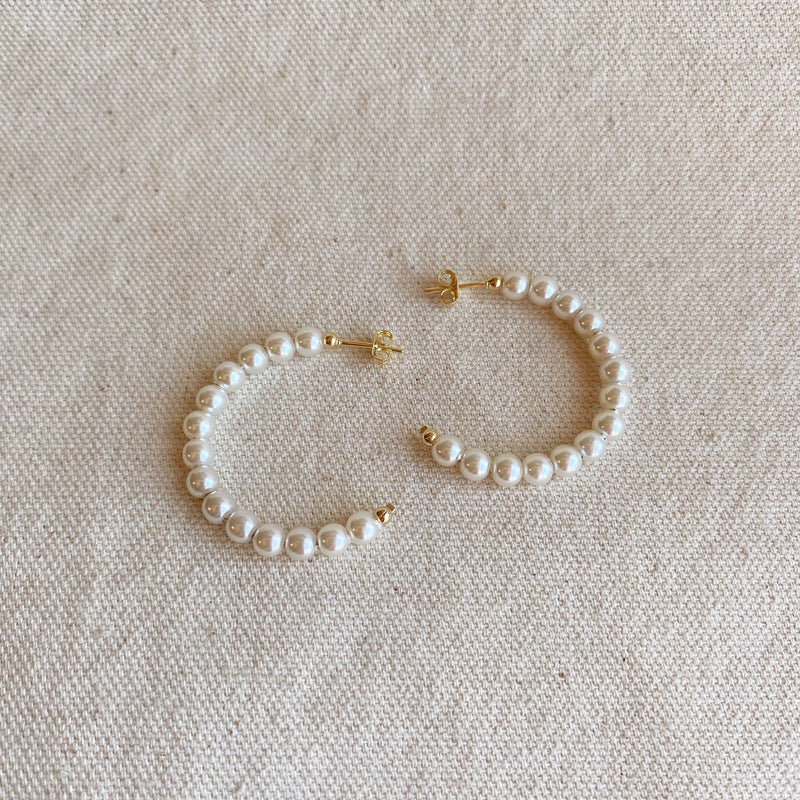 GoldFi - 18k Gold Filled 35 mm Simulated Beaded Pearl C-Hoop GoldFi