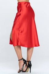 Womens Solid Satin Midi Skirt with Slit
