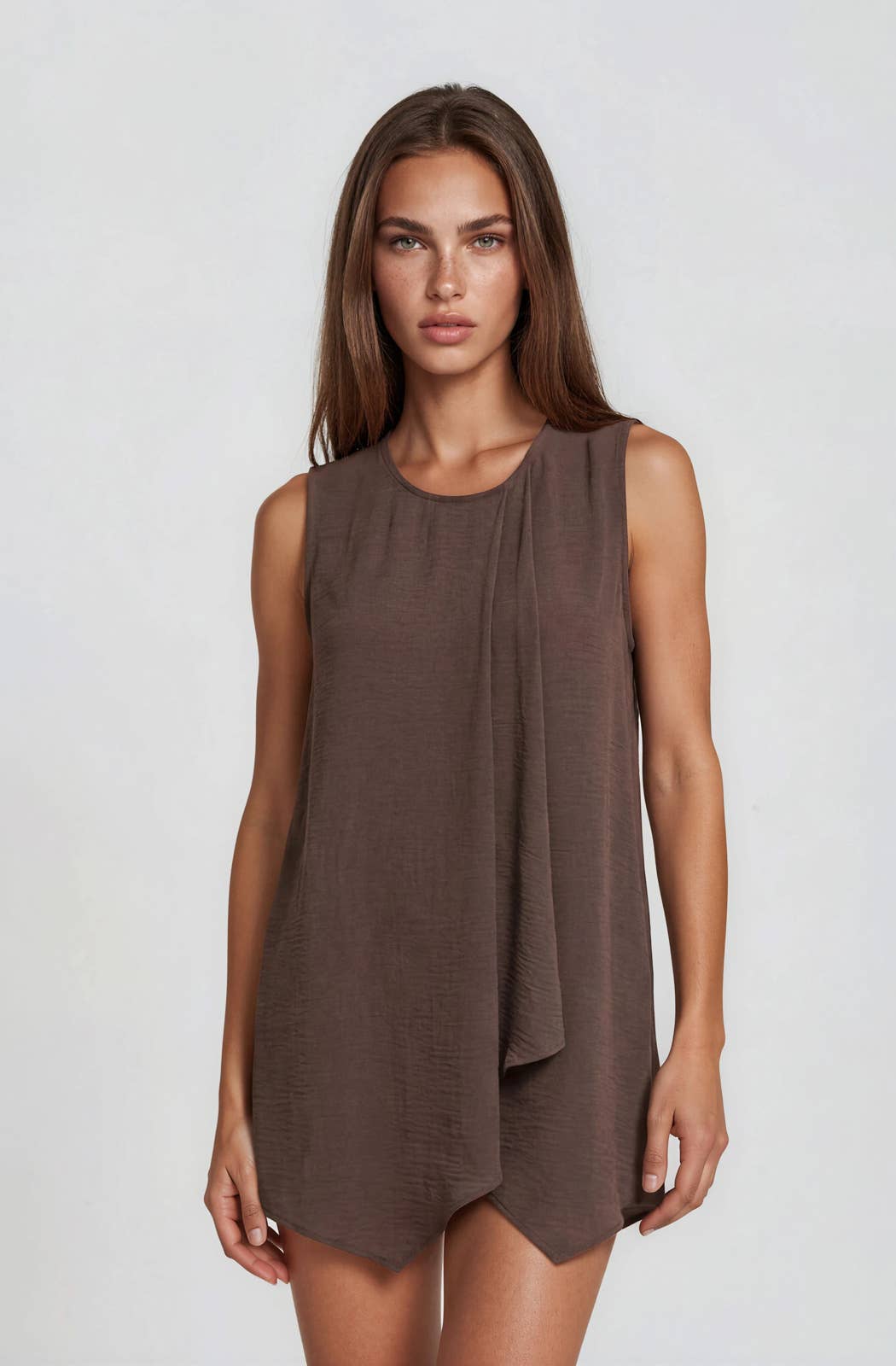 Womens Round Neck Sleeveless Pleat Detail Shift Mini Dress Chocolate