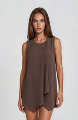 Gilli Round Neck Sleeveless Pleat Detail Shift Mini Dress Chocolate