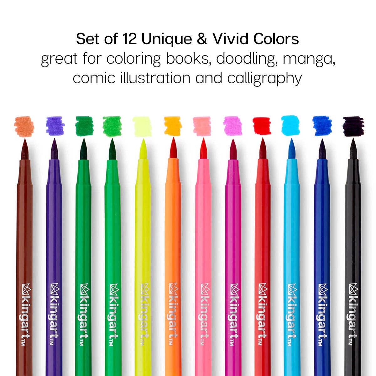 KINGART - Watercolor Brush Tip Markers - 12 Colors