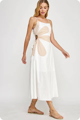 Womens Sleeveless Side Cut-Out Flower Detail Midi Dress