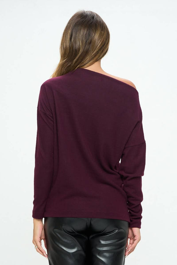 Renee C. - Made in USA Plum Brushed Knit Off the Shoulder Top Renee C.