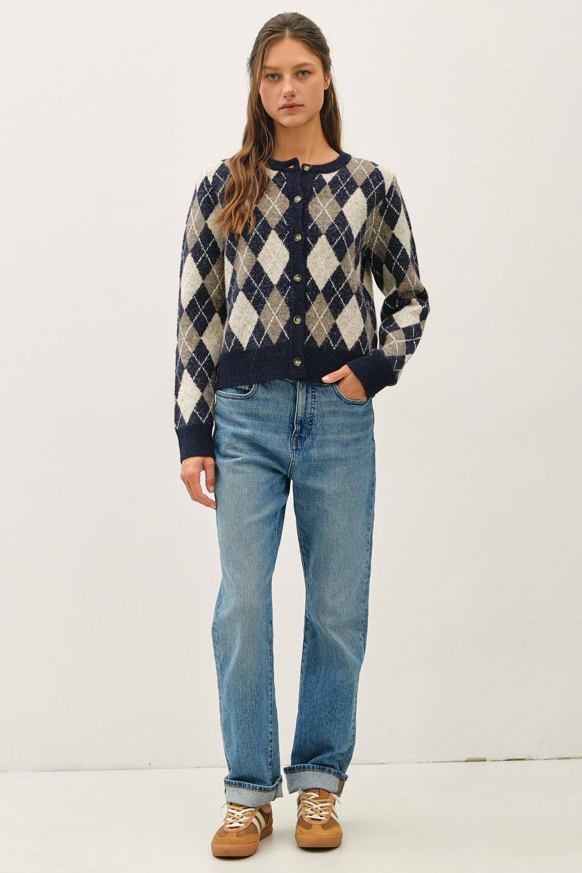 Womens Argyle Cardigan Sweater