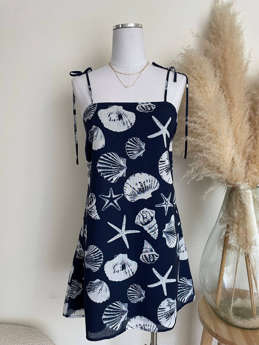 Women's Seashell Square Neck Tie Strap Mini Dress