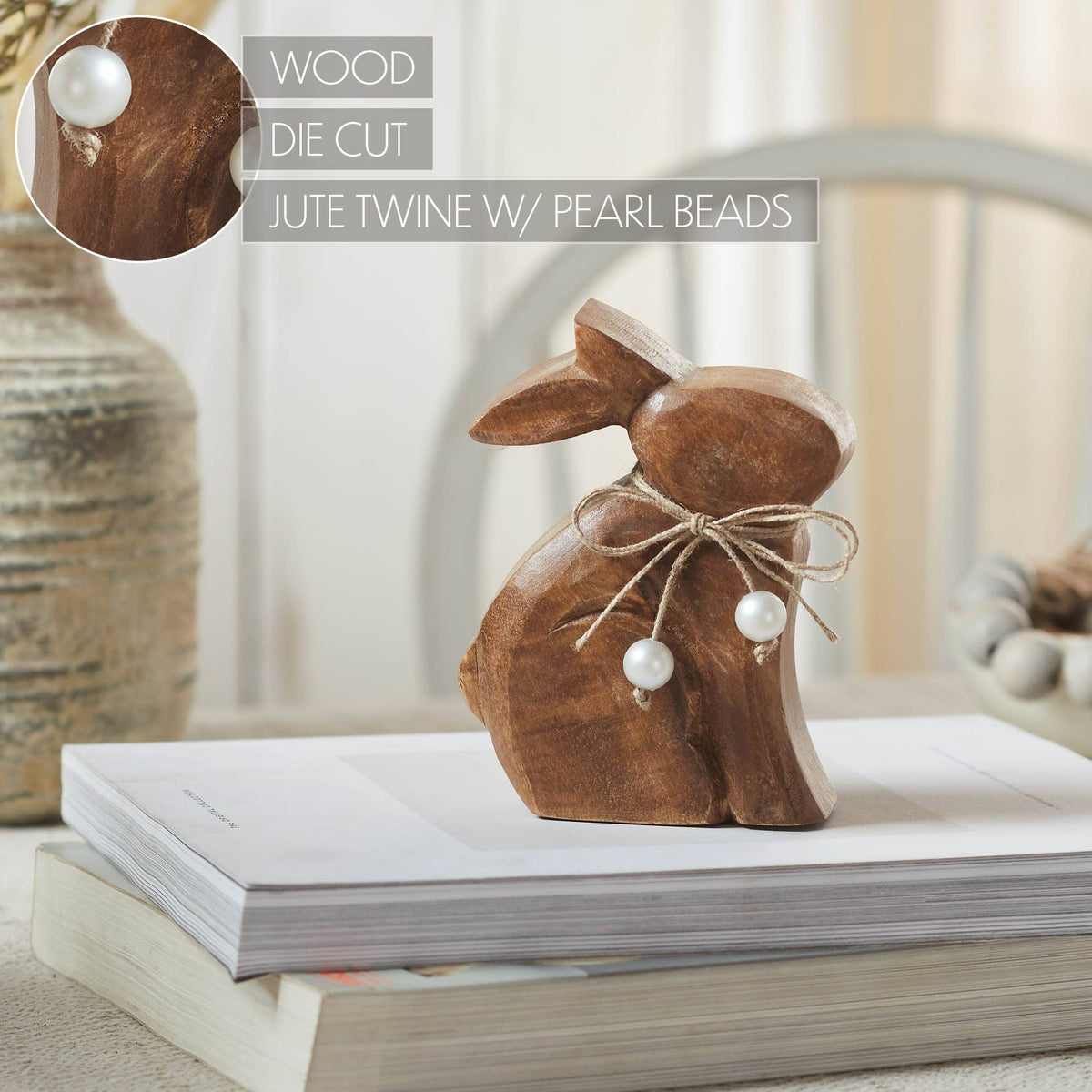 Bunny Hop Small Natural Wooden Sitting Bunny with Pearl Bead Collar - Rustic Farmhouse Easter Shelf Decor - 4.25x5.5x1.5