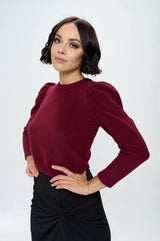 Renee C. - Made in USA Burgundy Brushed Knit Top with Puff Sleeve Renee C.