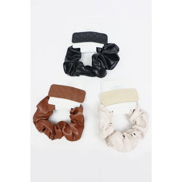 Faux Leather Scrunchie and Hair Clip: MIX COLOR / ONE