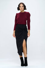 Renee C. - Made in USA Burgundy Brushed Knit Top with Puff Sleeve Renee C.
