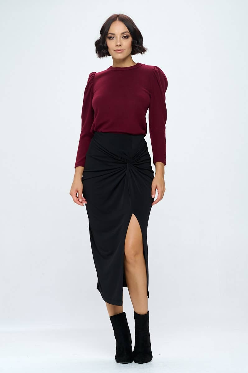 Renee C. - Made in USA Burgundy Brushed Knit Top with Puff Sleeve Renee C.