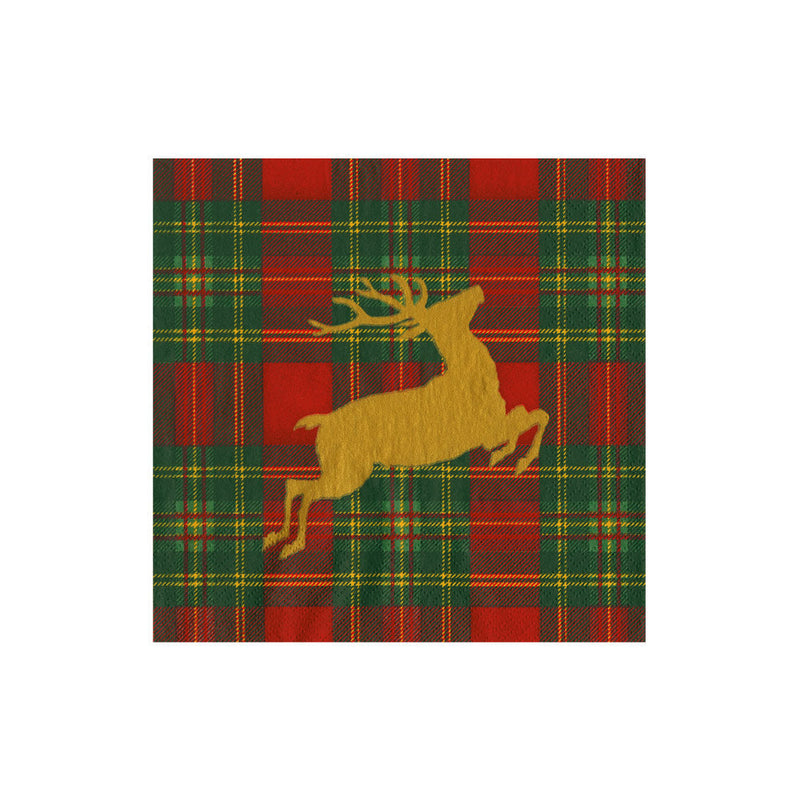 Caspari Reindeer Tartan Red Cocktail Napkins Caspari