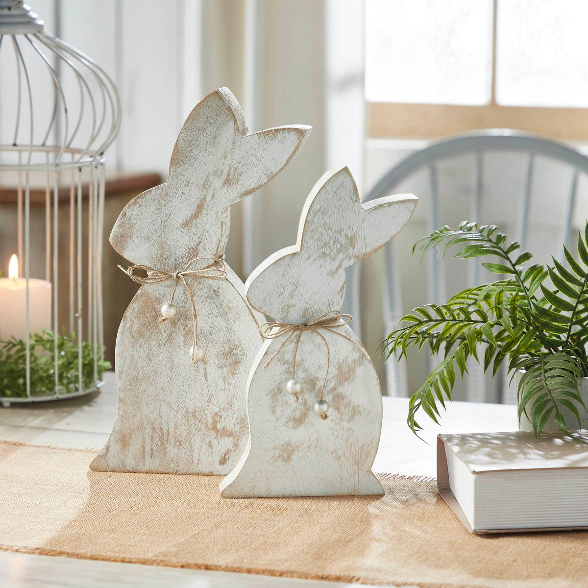Spring In Bloom Wooden Upright Bunny Silhouette with Twine Bow - Freestanding Rustic Easter Decor - 13.75x6.75x1.5