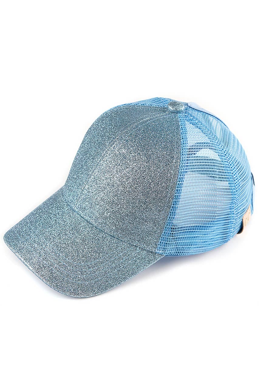 Kids Glitter Fabric With Mesh Pony Cap: Black Hana