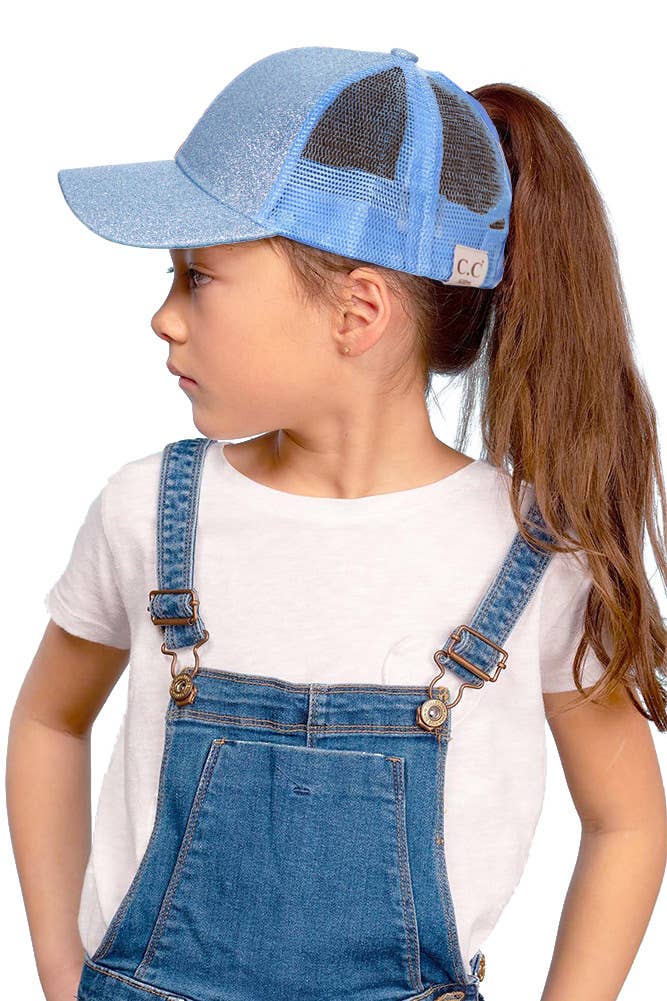 Kids Glitter Fabric With Mesh Pony Cap: Black Hana