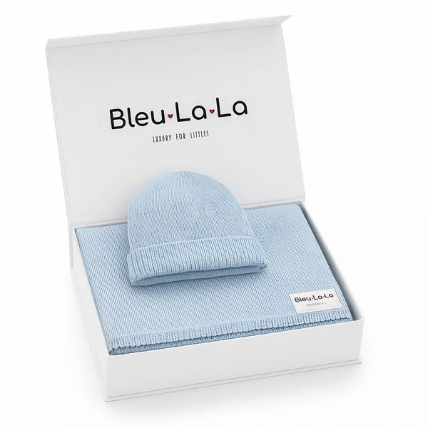 Bleu La La - Luxe - 100% Organic Cotton Knit Blanket + Hat Boxed Gift Set Bleu La La