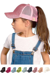 Kids Glitter Fabric With Mesh Pony Cap: Pink Hana