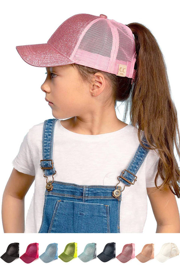 Kids Glitter Fabric With Mesh Pony Cap: Pink