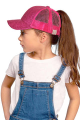 Kids Glitter Fabric With Mesh Pony Cap: Pink