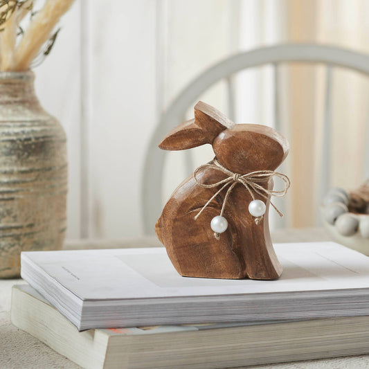Bunny Hop Small Natural Wooden Sitting Bunny with Pearl Bead Collar - Rustic Farmhouse Easter Shelf Decor - 4.25x5.5x1.5