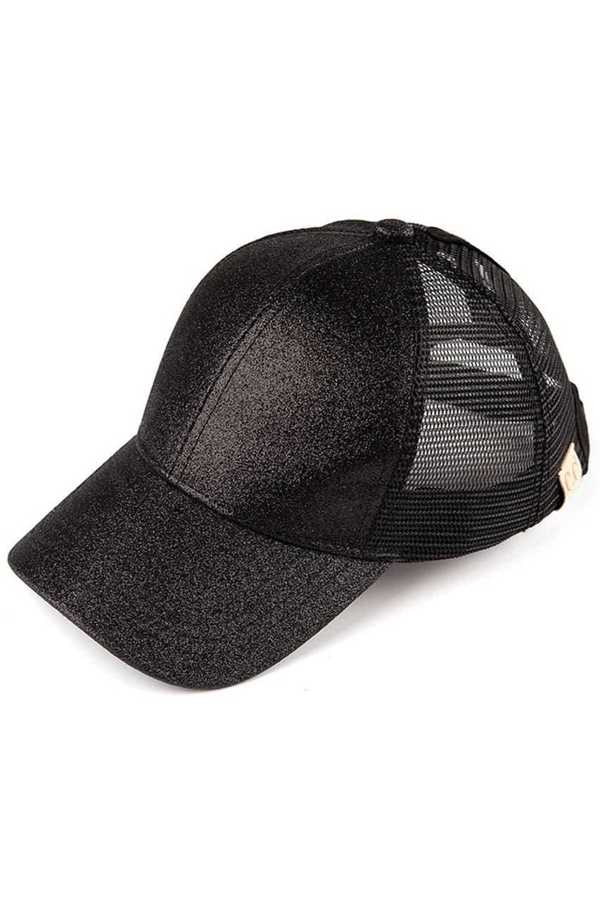 Kids Glitter Fabric With Mesh Pony Cap: Black Hana