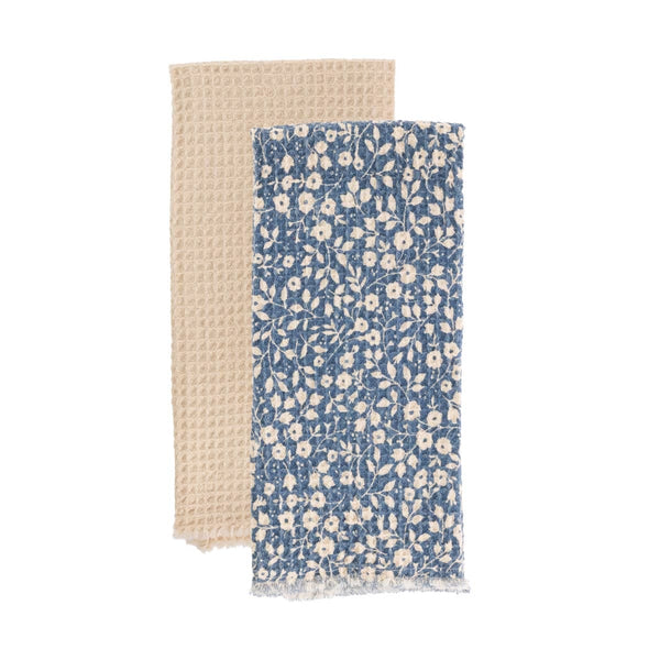 Boston International - Navy Floral Waffle Cotton Tea Towels Set of 2 Boston International