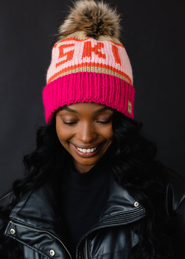 Panache Apparel Co. - Pink, Tan & Lt. Pink Ski Pom Hat Panache Apparel Co.