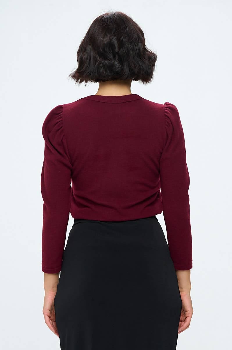 Renee C. - Made in USA Burgundy Brushed Knit Top with Puff Sleeve Renee C.