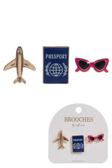 Airplane Passport Book Sunglass Brooch Pin Set of 3