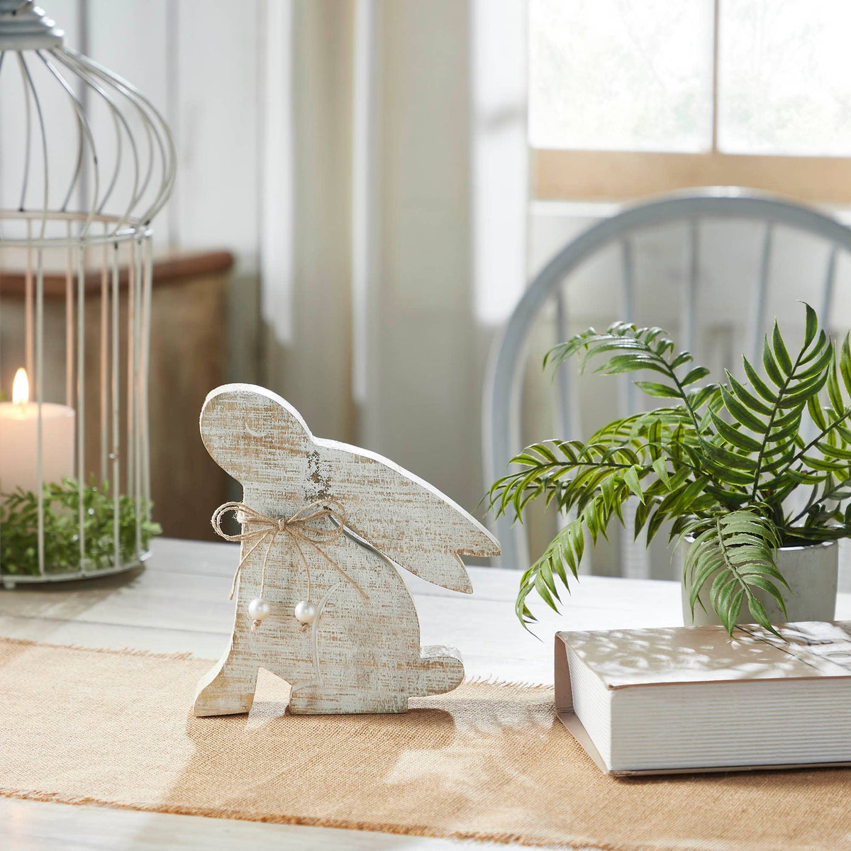 Bunny Hop Natural Wooden Sitting Bunny Looking Up - Pearl Bead Collar Easter Shelf Decor - 8x7.5x1.5