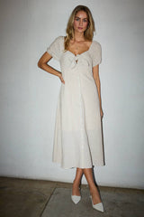 PUFF SLEEVE BUTTON DOWN FRONT TIE MAXI LINEN DRESS