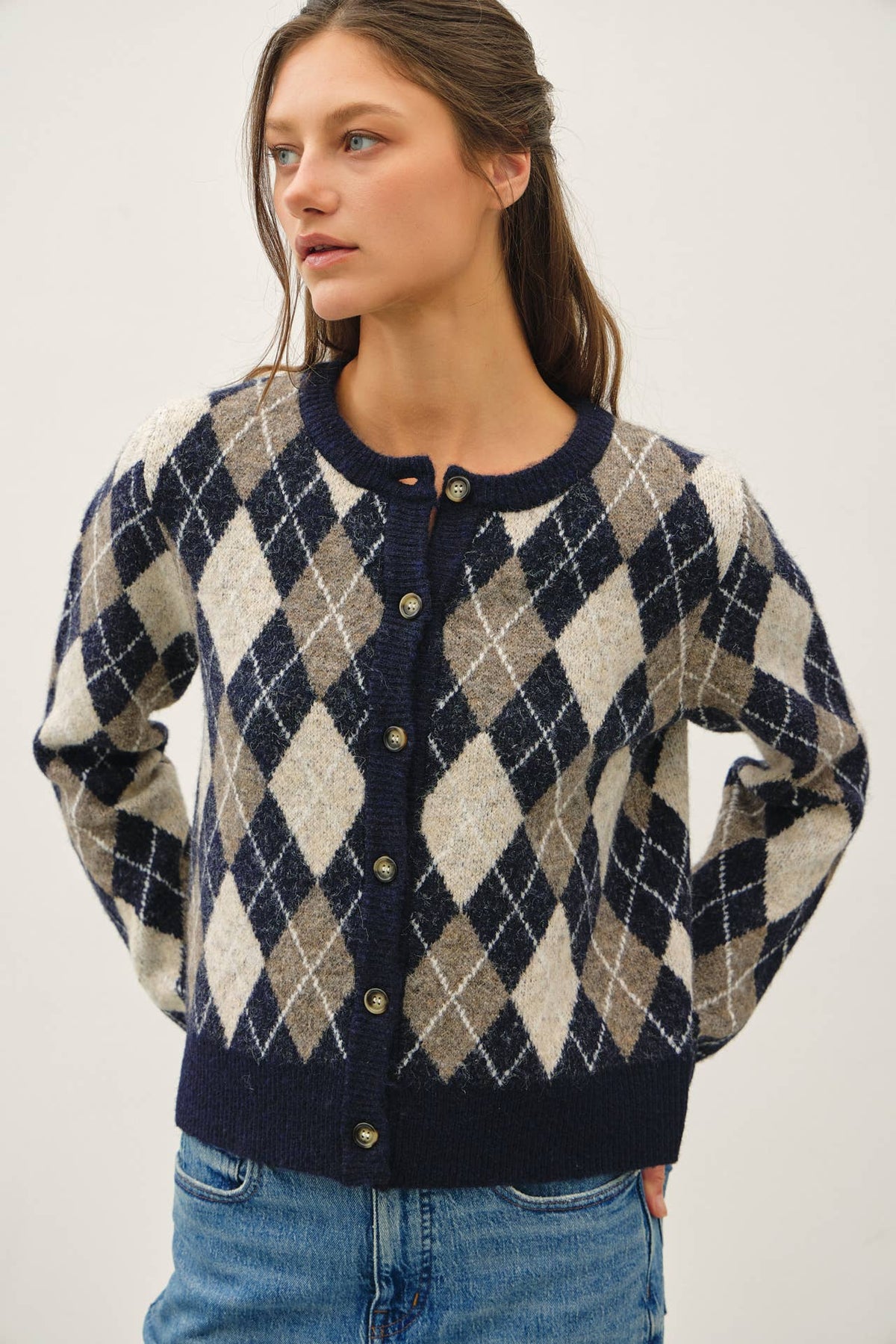Womens Argyle Cardigan Sweater