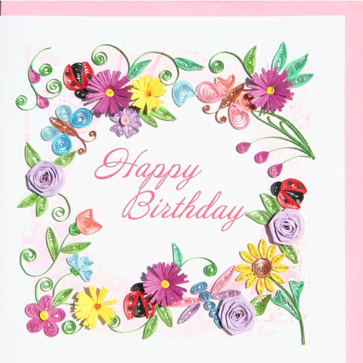 YoderDo Quilling Greeting Cards - Birthday Pink flower & dragonfly Quilling Card BDAY-